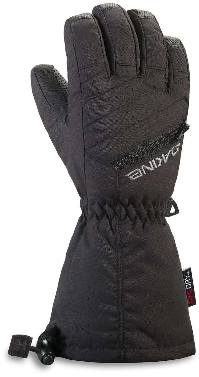 Dakine Junior's Tracker Gloves 2024 - A pair of black gloves with a zippered pocket on the wrist and a textured palm.