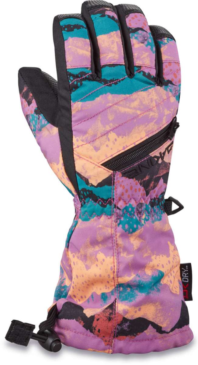 Dakine Junior's Tracker Gloves 2024 - A pair of gloves with a pink and blue abstract pattern on a light purple background, featuring black trim and accents.