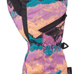 Dakine Junior's Tracker Gloves 2024 - A pair of gloves with a pink and blue abstract pattern on a light purple background, featuring black trim and accents.