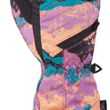 Dakine Junior's Tracker Gloves 2024 - A pair of gloves with a pink and blue abstract pattern on a light purple background, featuring black trim and accents.