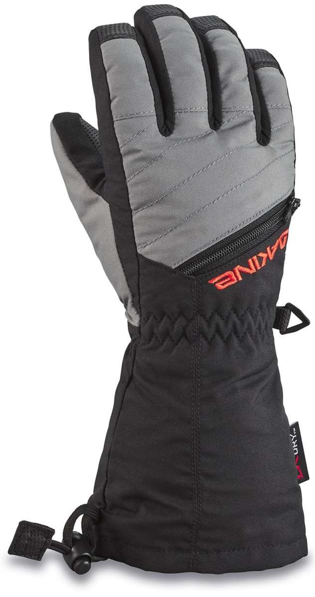 Dakine Junior's Tracker Gloves 2024 - A pair of gray gloves with black trim and a zippered pocket on the wrist.