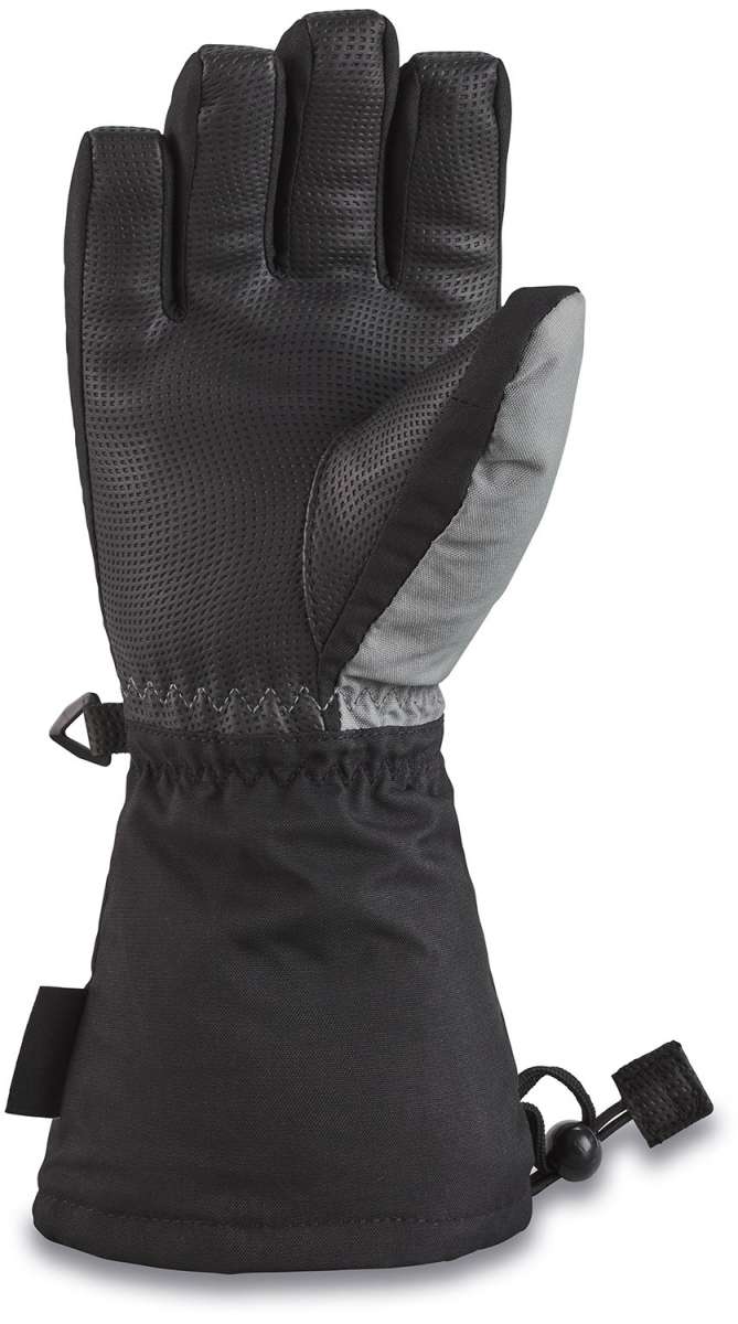 Dakine Junior's Tracker Gloves 2024 - A pair of black gloves with a textured palm and thumb, featuring a small logo on the wrist strap.