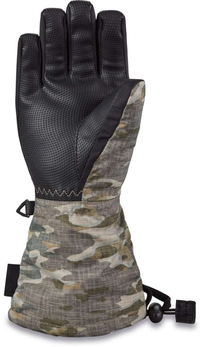 Dakine Junior's Tracker Gloves 2024 - A pair of black gloves with a camouflage pattern on the wrist and thumb area.