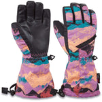 Dakine Junior's Tracker Gloves 2024 - A pair of gloves with a purple and orange abstract pattern, featuring black accents on the cuffs and fingers.
