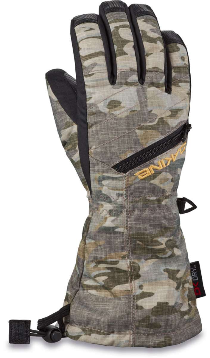 Dakine Junior's Tracker Gloves 2024 - A pair of gloves with a camouflage pattern, featuring black accents and a zippered pocket on the wrist.