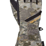 Dakine Junior's Tracker Gloves 2024 - A pair of gloves with a camouflage pattern, featuring black accents and a zippered pocket on the wrist.