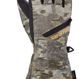 Dakine Junior's Tracker Gloves 2024 - A pair of gloves with a camouflage pattern, featuring black accents and a zippered pocket on the wrist.