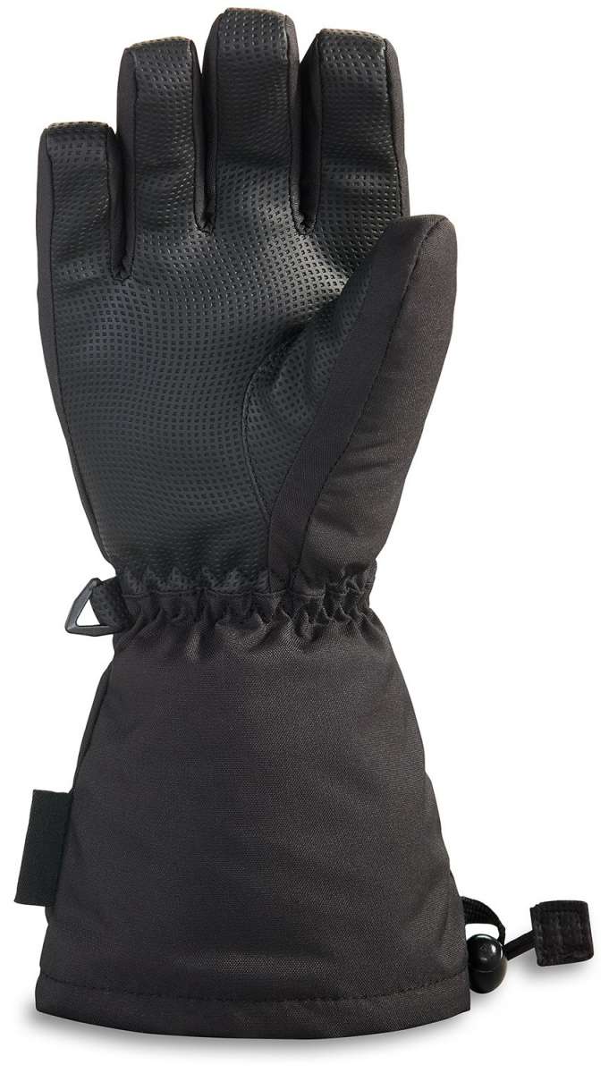 Dakine Junior's Tracker Gloves 2024 - A pair of black gloves with a textured palm and thumb, featuring a small logo on the wrist strap.