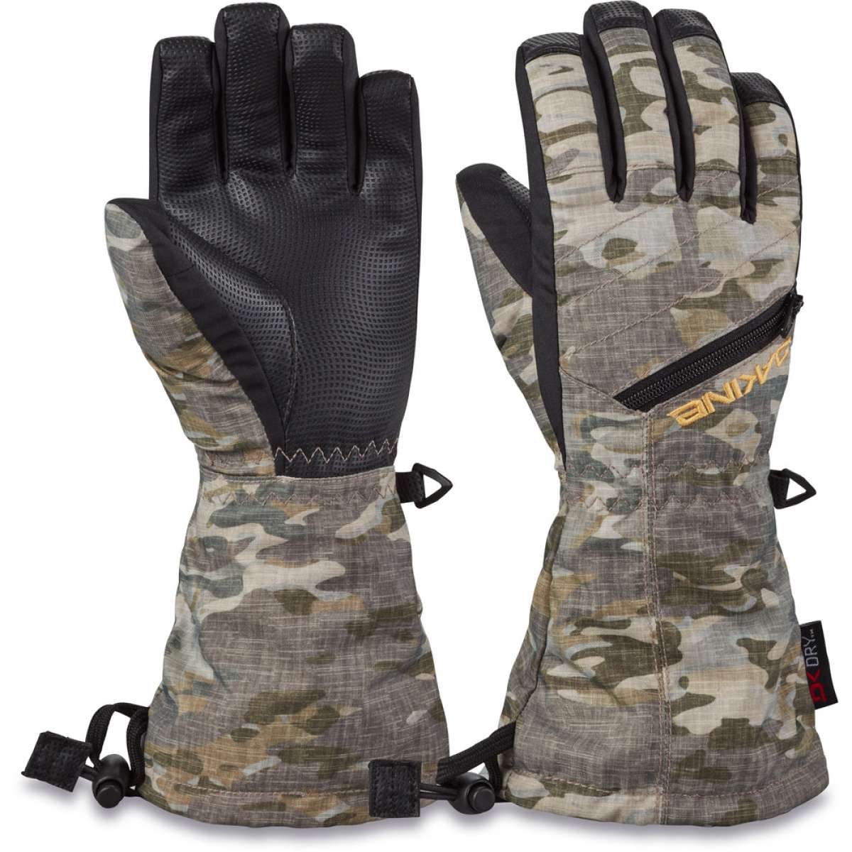 Dakine Junior's Tracker Gloves 2024 - A pair of gloves with a camouflage pattern, featuring black palms and gray accents on the fingers.