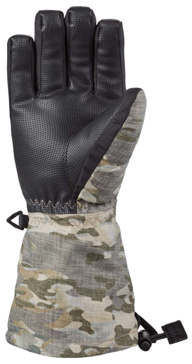 Dakine Junior's Yukon Gloves 2024 - A pair of black gloves with a textured palm and finger grip, featuring a camouflage pattern on the back.