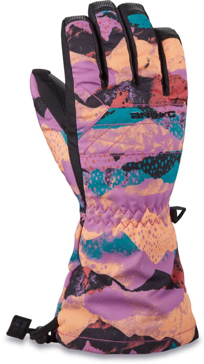 Dakine Junior's Yukon Gloves - A pair of gloves with a purple and black pattern, featuring a blue logo on the wrist strap.