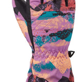 Dakine Junior's Yukon Gloves - A pair of gloves with a purple and black pattern, featuring a blue logo on the wrist strap.