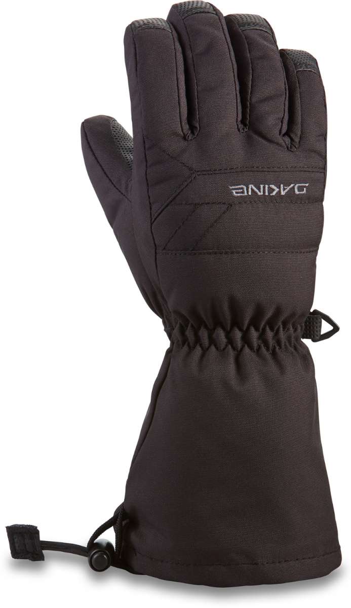 Dakine Junior's Yukon Gloves - A pair of black gloves with a textured palm and thumb, featuring a small white logo on the wrist strap.