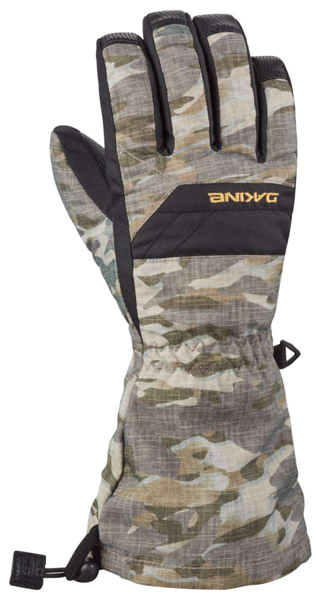 Dakine Junior's Yukon Gloves 2024 - A pair of gloves with a camouflage pattern in shades of green, brown, and tan.