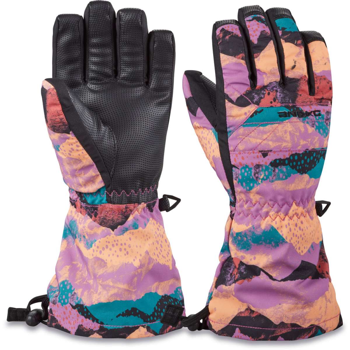 Dakine Junior's Yukon Gloves - A pair of gloves with a purple and black pattern, featuring a black palm side and a purple back.