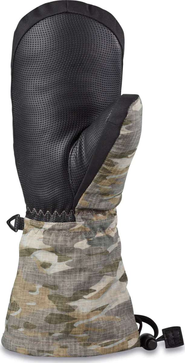 Dakine Junior's Yukon Mittens - A pair of mittens with a camouflage pattern, featuring a black trim and a drawstring at the wrist.
