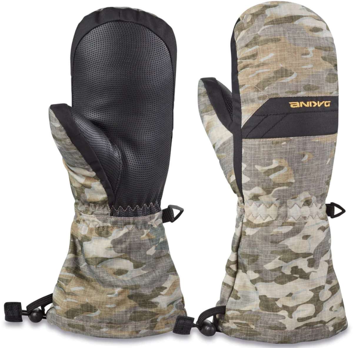 Dakine Junior's Yukon Mittens - A pair of mittens with a camouflage pattern, featuring a black strap on the wrist and a small logo on the back.