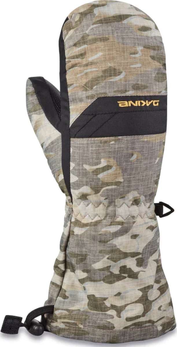 Dakine Junior's Yukon Mittens - A pair of mittens with a camouflage pattern, featuring a black strap and a small logo on the wrist area.