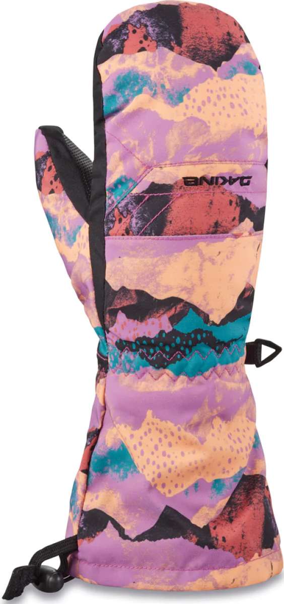 Dakine Junior's Yukon Mittens - A pair of mittens with a purple and orange abstract pattern, featuring black accents and a black strap on the back.