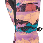 Dakine Junior's Yukon Mittens - A pair of mittens with a purple and orange abstract pattern, featuring black accents and a black strap on the back.