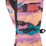 Dakine Junior's Yukon Mittens - A pair of mittens with a purple and orange abstract pattern, featuring black accents and a black strap on the back.