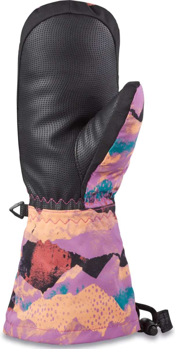 Dakine Junior's Yukon Mittens - A pair of mittens with a purple and orange abstract pattern, featuring black accents on the cuffs.