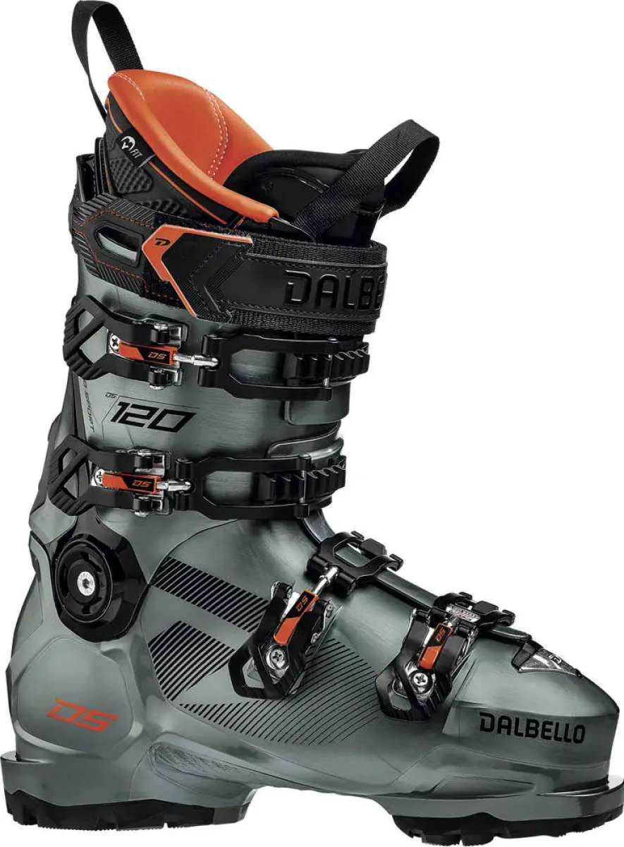 Dalbello DS 120 GW Ski Boots 2022 - Black ski boots with silver buckles and orange accents.
