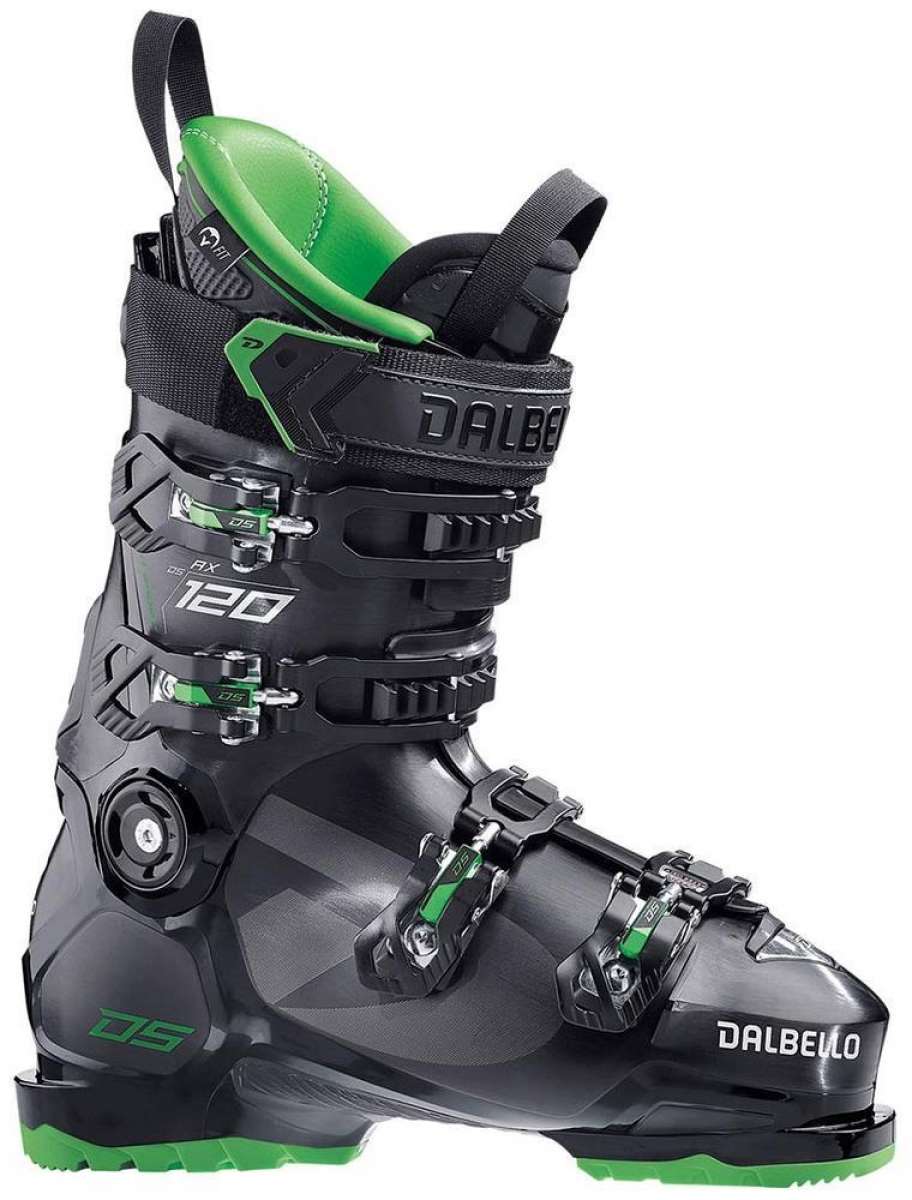 Dalbello DS AX 120 GW Ski Boots 2022 - Black ski boots with green accents and buckles.