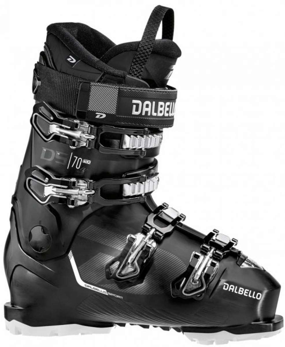 Dalbello Ladies DS MX 70 Ski Boot 2022-2023 - Black ski boot with silver buckles and straps.