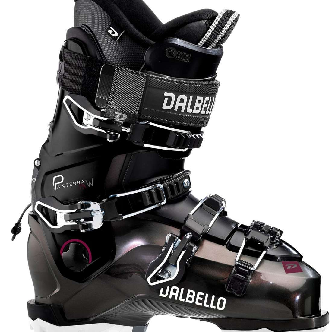 Dalbello Ladies Panterra 75 W GW Ski Boots 2022-2023 - Black ski boots with white lettering and silver buckles.