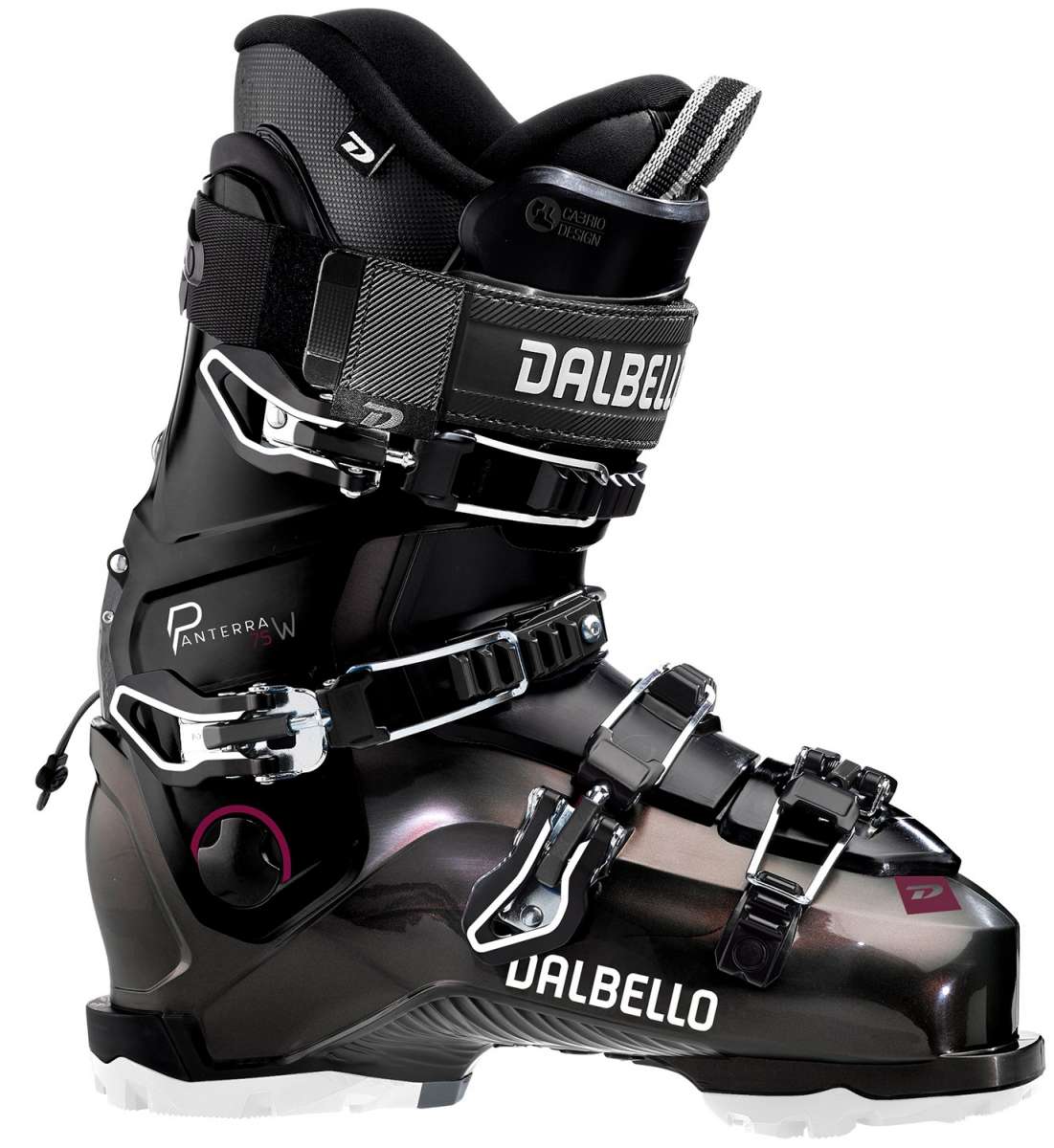Dalbello Ladies Panterra 75 W GW Ski Boots 2022-2023 - Black ski boots with white lettering and silver buckles.