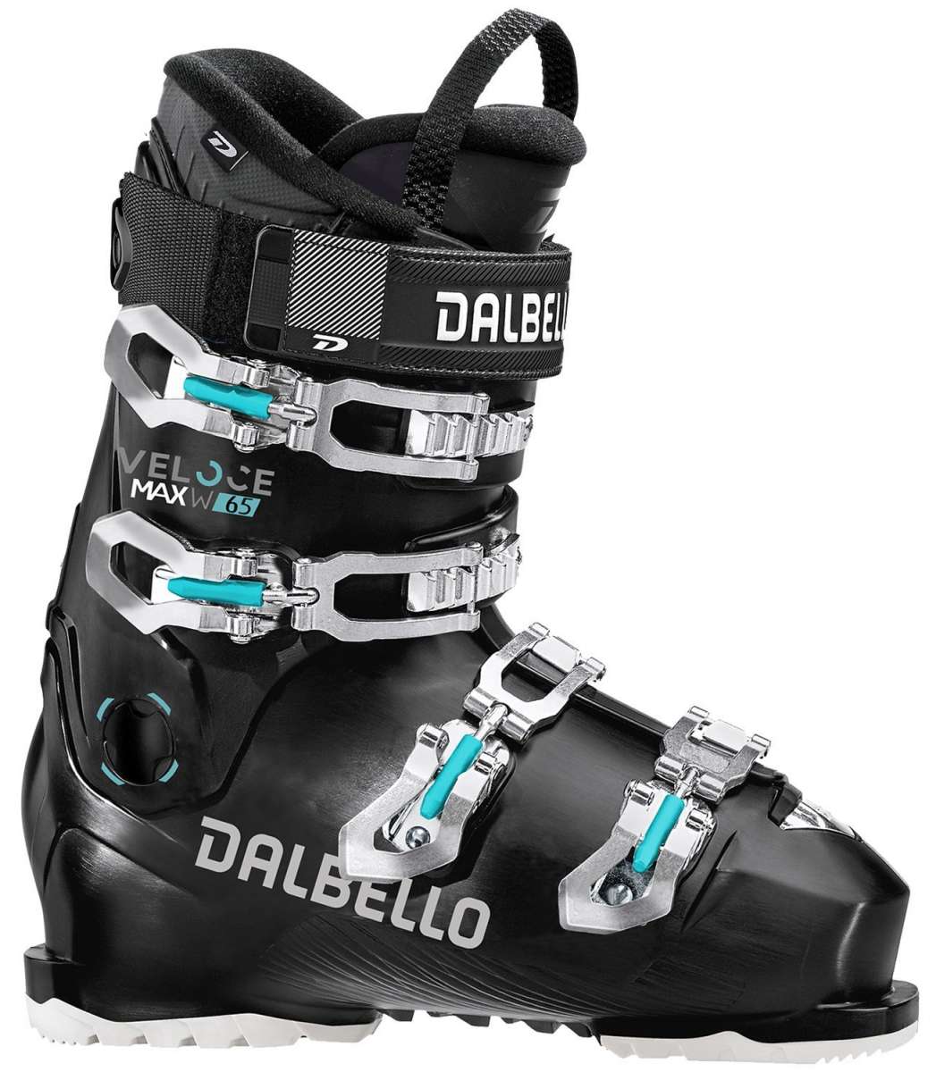 Dalbello Ladies Veloce Max 65 Ski Boots 2024 - Black ski boots with silver buckles and teal accents.