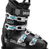 Dalbello Ladies Veloce Max 65 Ski Boots 2024 - Black ski boots with silver buckles and teal accents.