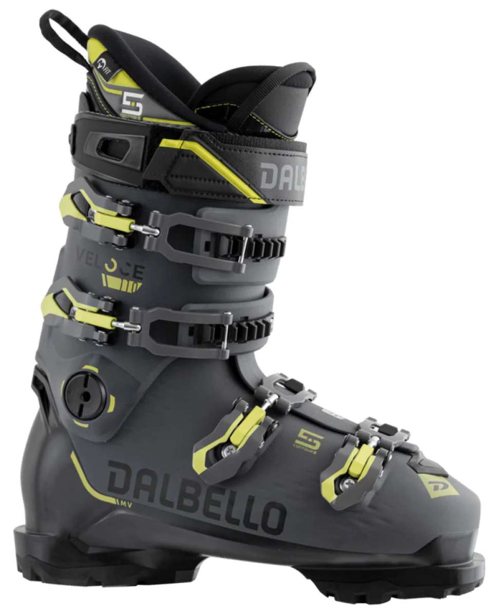 Dalbello Veloce 110 GW Ski Boots 2024 - Black ski boots with yellow accents and a gray logo on the side.