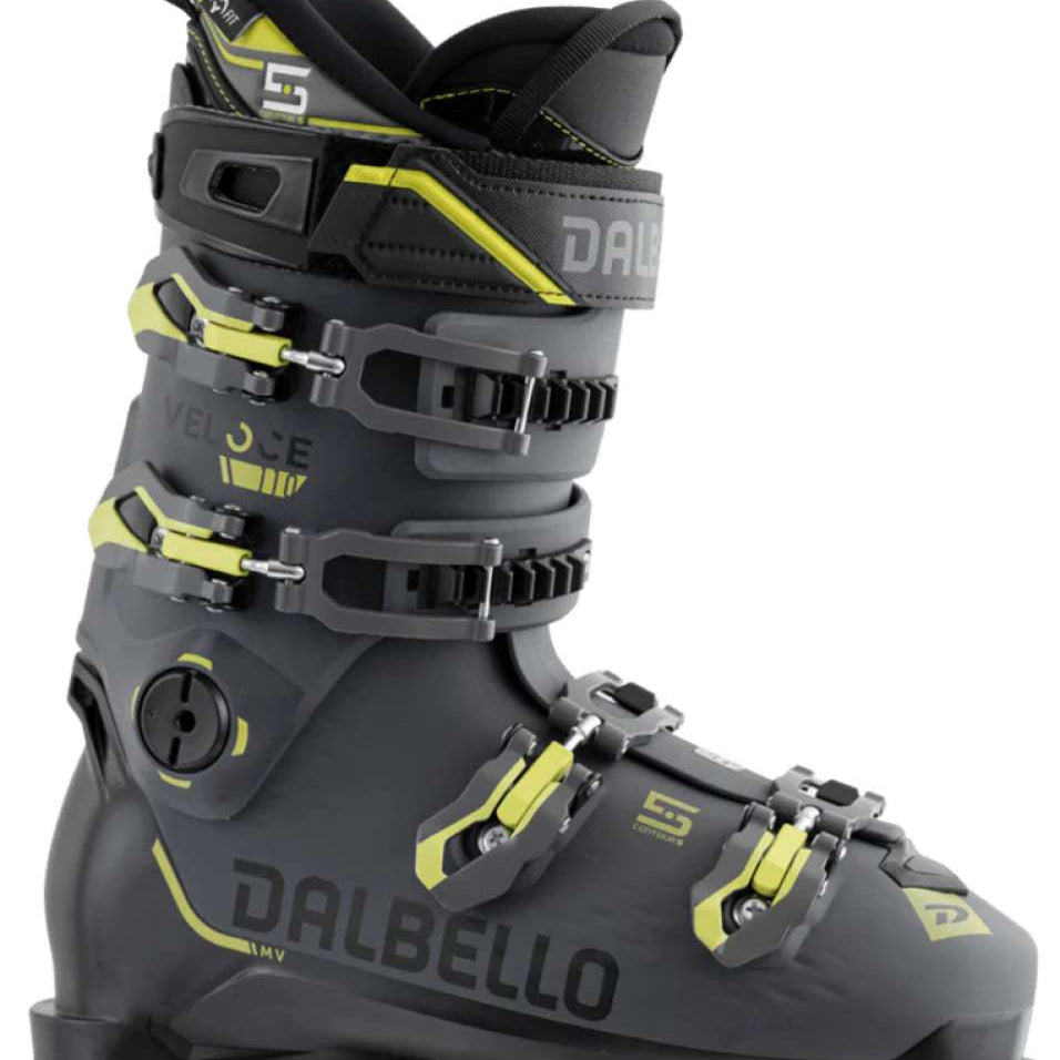 Dalbello Veloce 110 GW Ski Boots 2024 - Black ski boots with yellow accents and a gray logo on the side.