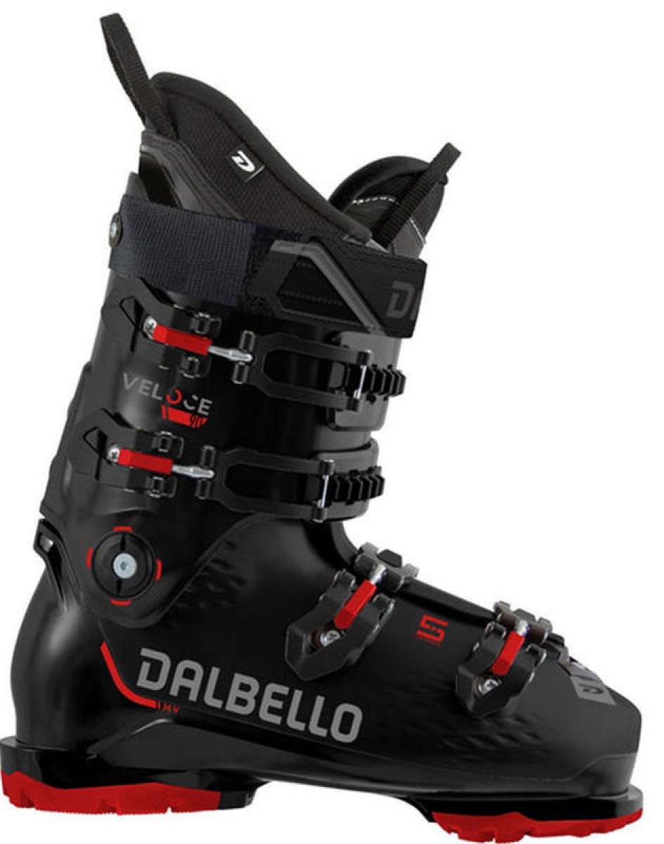 Dalbello Veloce 90 GW Ski Boot 2024 - Black ski boot with red accents and silver buckles.