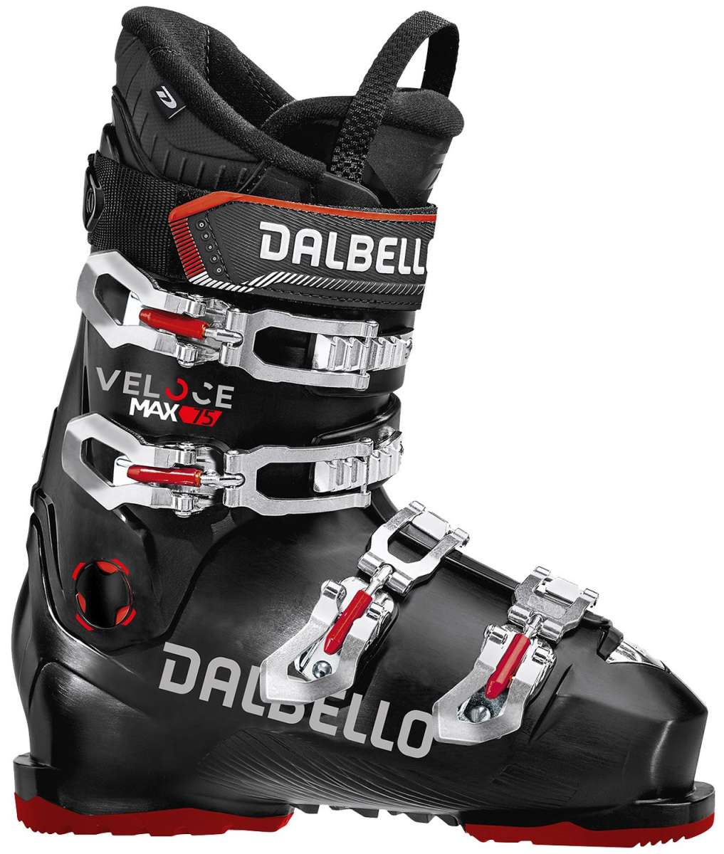 Dalbello Veloce Max 75 Ski Boots 2024 - Black ski boots with silver buckles and red accents.