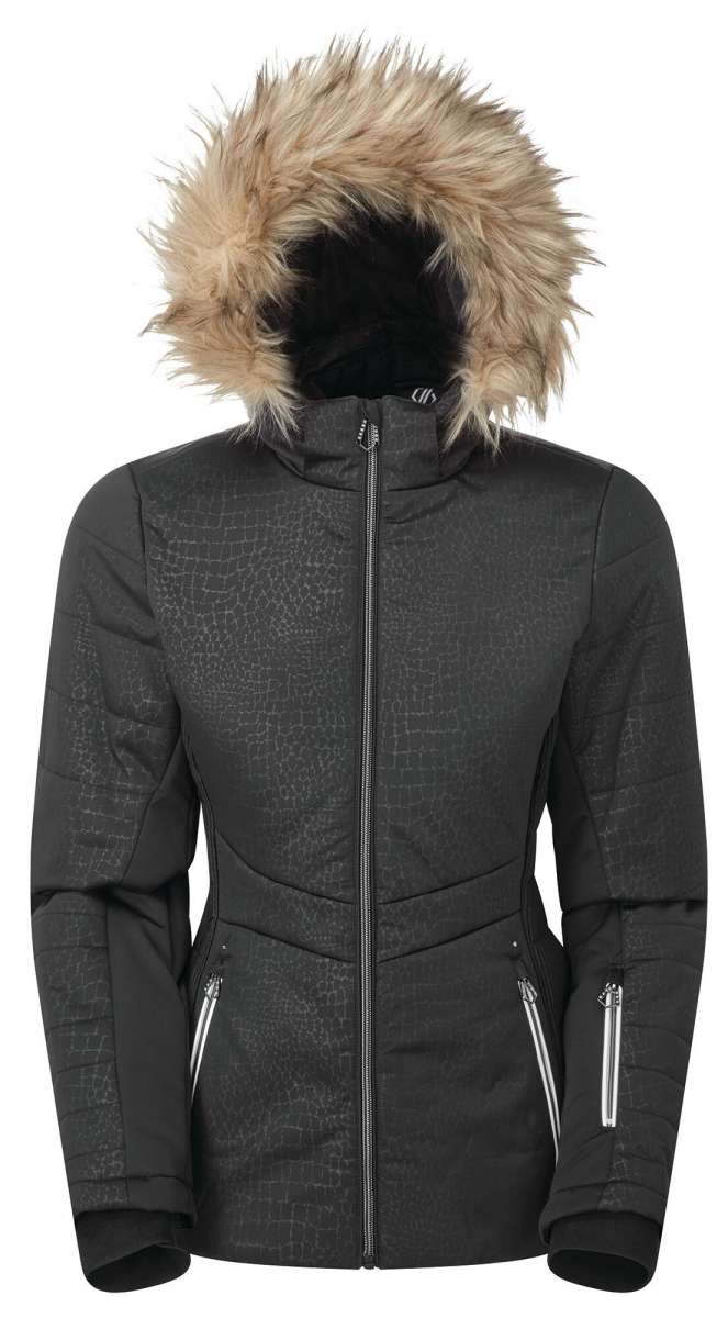 DARE2B Ladies Auroral Insulated Jacket 2020-2021 - A black jacket with a crocodile pattern and faux fur-lined hood.