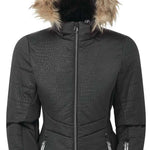 DARE2B Ladies Auroral Insulated Jacket 2020-2021 - A black jacket with a crocodile pattern and faux fur-lined hood.
