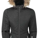 DARE2B Ladies Auroral Insulated Jacket 2020-2021 - A black jacket with a crocodile pattern and faux fur-lined hood.