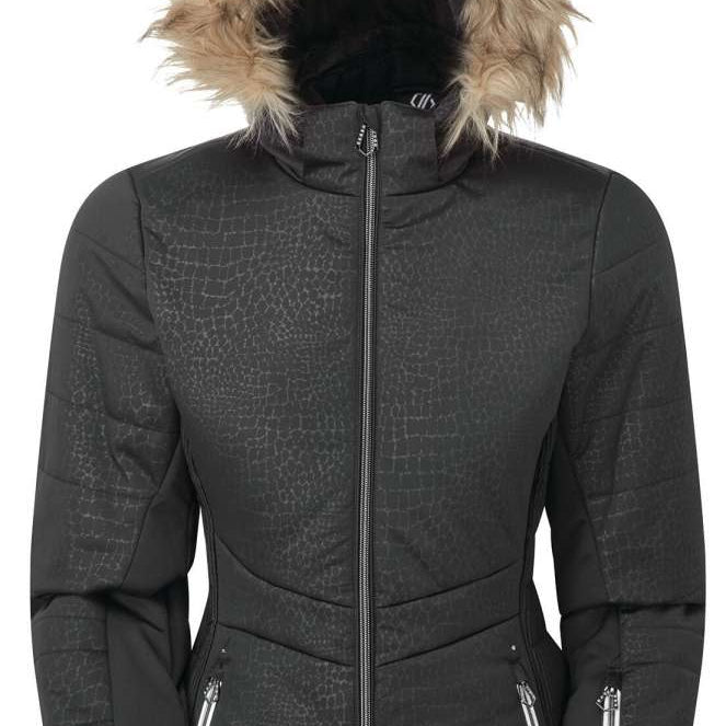 DARE2B Ladies Auroral Insulated Jacket 2020-2021 - A black jacket with a crocodile pattern and faux fur-lined hood.