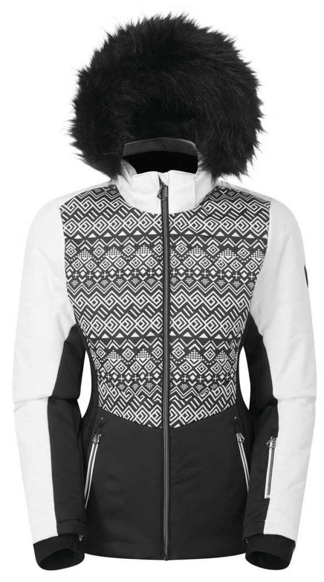 DARE2B Ladies Auroral Insulated Jacket 2020-2021 - A black and white patterned jacket with a fur-lined hood, featuring a geometric design on the chest and sleeves.