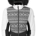 DARE2B Ladies Auroral Insulated Jacket 2020-2021 - A black and white patterned jacket with a fur-lined hood, featuring a geometric design on the chest and sleeves.