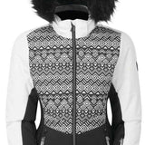 DARE2B Ladies Auroral Insulated Jacket 2020-2021 - A black and white patterned jacket with a fur-lined hood, featuring a geometric design on the chest and sleeves.