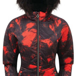 DARE2B Ladies Auroral Insulated Jacket 2020-2021 - A black and red tie-dye patterned jacket with a fur-lined hood.