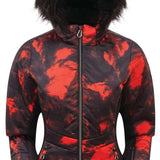 DARE2B Ladies Auroral Insulated Jacket 2020-2021 - A black and red tie-dye patterned jacket with a fur-lined hood.