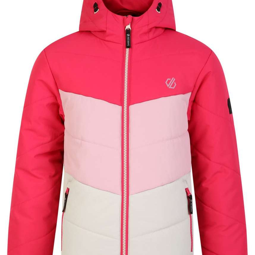 Dare2B Children's Jolly Insulated Jacket 2024 - A pink and white insulated jacket with a hood, featuring a zip closure and two pockets on either side.