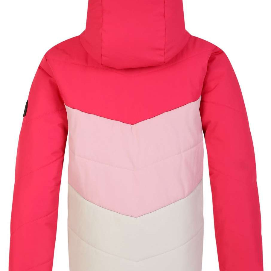 Dare2B Children's Jolly Insulated Jacket 2024 - A pink and white winter jacket with a hood, featuring a black logo on the left sleeve.