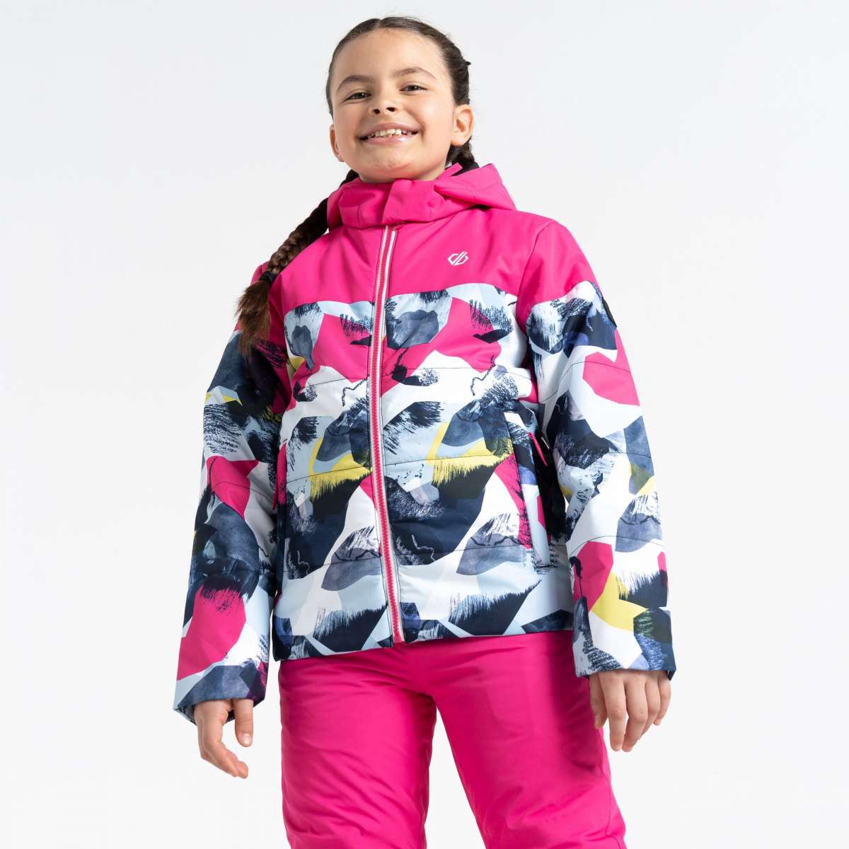 Dare2B Children's Liftie Insulated Jacket 2024 - A pink and white snow jacket with a mountain design on front, featuring a hood and zipper closure.