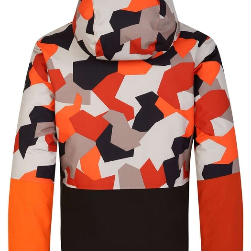 Dare2B Children's Traverse Insulated Jacket 2024 - A children's jacket with a geometric pattern in shades of orange, gray, and white.